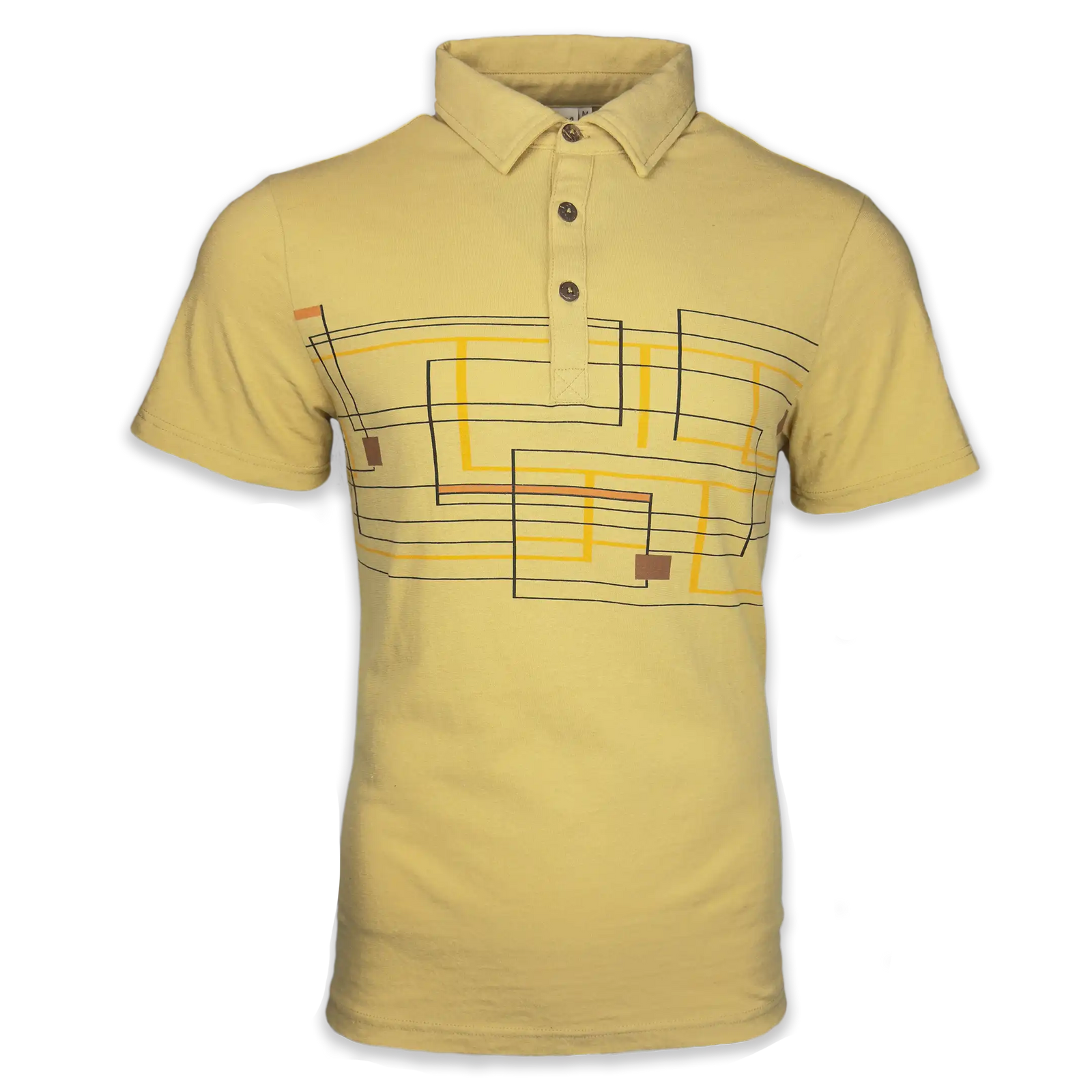 Tan polo shirt with mid century circuit board pattern on a white background